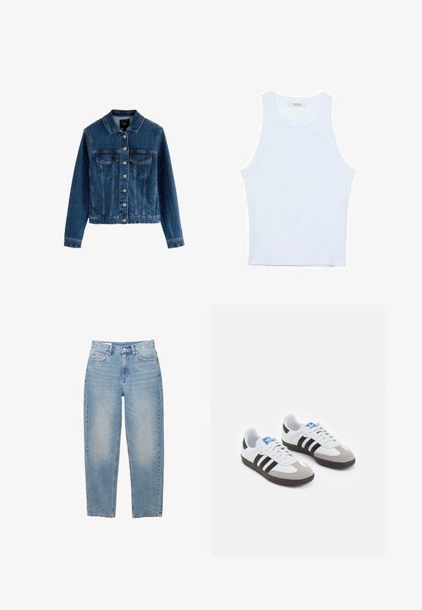 Jeans jakna, temno modra, s gumbi na sprednji strani, dvema žepoma na prsih, ovratnikom, dolgimi rokavi, teksturirano površino, skrajšanim robom.; Bela majica bez rukavov, rebrasta tekstura, okrugli izrez, kroj koji prati tijelo, suptilno brendiranje na etiketi unutar ovratnika.; Svetlo modri traper hlače z visokim pasom, ravnim krojem, petimi žepi in rahlo blago pošvicanim zaključkom. Čiste robne črte.; Športni čevlji z belim usnjenim zgornjim delom, sivim semišem na prstih in tremi črnimi črtami. Imajo modro logo na jeziku in teksturiran gumijast podplat.