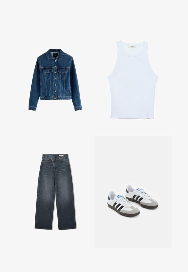 Denimjacke, dunkelblau, Knopfvorderseite, zwei Brusttaschen, Kragen, lange Ärmel, strukturierte Oberfläche, cropped Saum.; Weißes Tanktop, gerippte Textur, runder Ausschnitt, ärmelloses Design, enganliegende Form, dezente Markenkennzeichnung im Etikett im Kragenbereich.; Dunkel waschjeans mit weitem Bein, hoher Taille, fünf Taschen und dezenten Abnutzungen an der Vorderseite.; Sportschuhe mit einem Obermaterial aus weißem Leder, grauer Wildleder-Zehenkappe und drei schwarzen Streifen. Sie verfügen über ein blaues Logo auf der Zunge und eine strukturierte Gummisohle.