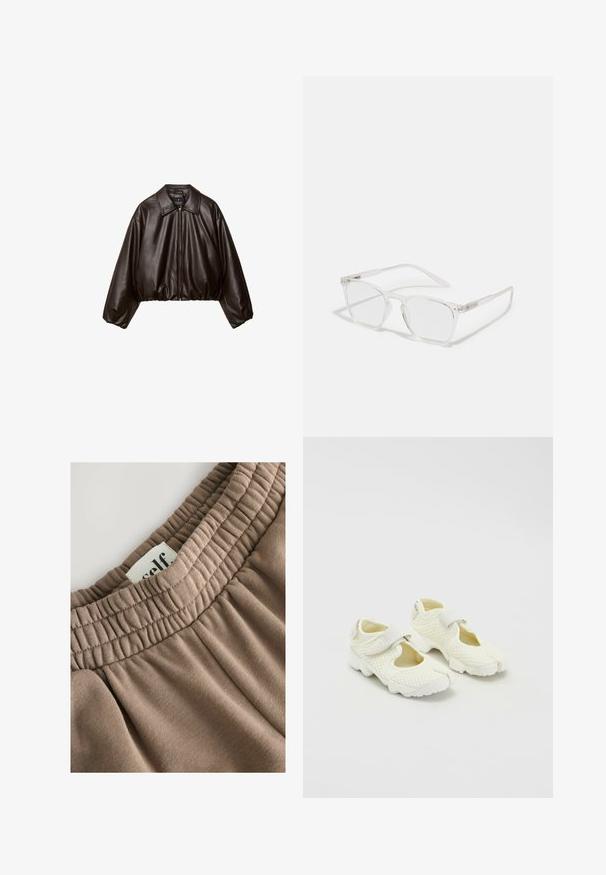 Giacca cropped in finta pelle marrone con colletto, chiusura con zip e maniche a sbuffo, caratterizzata da una superficie liscia e una vita elastica.; Canotta bianca in cotone con spalline larghe, scollatura rotonda e una texture liscia e a coste. Nessun motivo o dettaglio presente.; Fascia elastica marrone con texture arricciata, etichetta attaccata con la scritta "self", e tessuto morbido che presenta una superficie liscia e una tonalità neutra.; Scarpe bianche in rete con un design strutturato, dotate di una fascia in Velcro e lati traforati, tessuto testurizzato e una suola spessa.; CHPO ZEBBE UNISEX - Occhiali anti luce blu - transperent; DRAGON DIFFUSION ROSANNA - Borsa a mano - dark brown