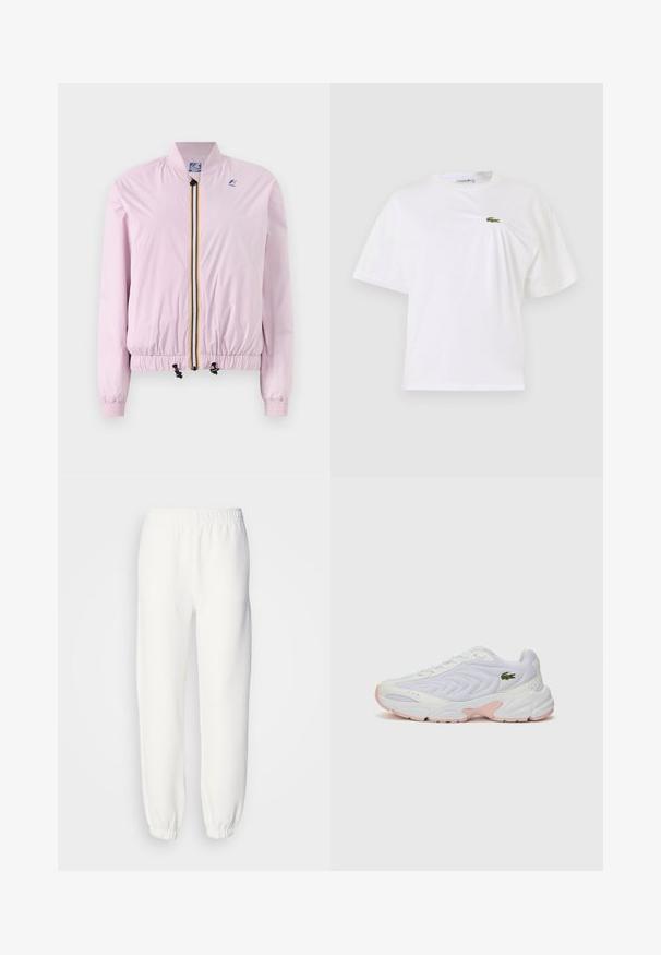 Svetlo roza bomber jakna z elastičnimi manšetami in robom, sprednjim zadrgo z večbarvnimi črtami in majhnim logotipom na levem prsnem delu.; Bela bombažna majica s sproščenim krojem, ki ima na prsih majhen zelen vezen logotip. Kratke rokave in okrogel izrez.; Bele trenerke iz mehke pletene tkanine. Elastičen pas in manšete zagotavljajo sproščen fit. Minimalističen dizajn, brez vidnih vzorcev ali poudarkov.; Bele športne čevlje z teksturirano mrežasto zgornjim delom, subtilnimi rožnatimi akcenti na podplatu in zelenim krokodilovim logotipom na strani.