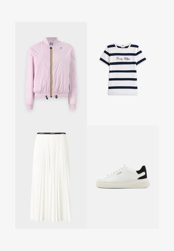 Giacca bomber rosa chiaro con polsini ed orlo elasticizzati, zip anteriore con righe multicolori e piccolo logo sul petto sinistro.; T-shirt in cotone con righe orizzontali blu navy su sfondo bianco. "Tommy Hilfiger" ricamato in corsivo sul petto. Collo a giro.; Gonna bianca plissettata con elastico nero in vita che presenta il logo "LACOSTE". Design di lunghezza media con texture morbida.; Sneaker bianchi in pelle con suola spessa bianca, accento in suede nero sul tallone e logo impresso sul lato. Design con lacci e sei fori per i lacci.