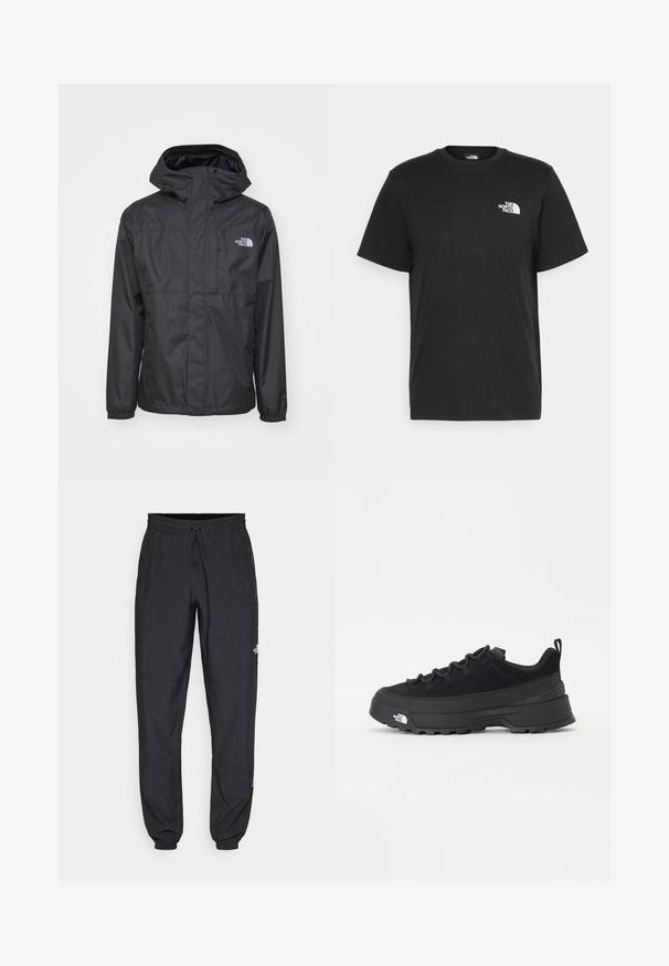 Giacca impermeabile nera con zip frontale, cappuccio regolabile e polsini elastici. Presenta il logo sul petto e una finitura liscia.; T-shirt nera in cotone con maniche corte, colletto a giro, e un piccolo logo bianco sul lato sinistro del petto. Design semplice, texture liscia e vestibilità rilassata.; Pantaloni sportivi neri realizzati in tessuto leggero, con vita regolabile con cordino, tasche laterali e orli affusolati alle caviglie.; Sneaker da esterno nera con parte superiore in suede, suola in gomma testurizzata e robusto sistema di allacciatura. Presenta un tallone rinforzato e il logo del marchio sul lato.