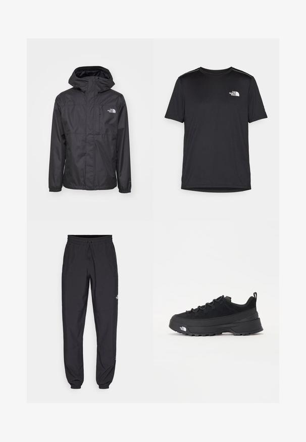 Musta vedenpitävä takki, jossa on edessä vetskari, säädettävä huppu ja joustavat hihansuut. Ominaisuuksiin kuuluu logo rinnassa ja sileä pinta.; Mustapaita lyhyillä hihoilla, joka on valmistettu kevyestä kankaasta. Siinä on pieni valkoinen logo vasemmassa rinnassa ja huomaamattomia olkakoristeita.; Mustat urheiluhousut, jotka on valmistettu kevyestä kankaasta. Housuissa on naru vyötäröllä, sivutaskut ja kapenevat hihnat nilkoissa.; Mustamustad välisjalanõud suede ülemise, tekstuuriga kummist tallaga ja tugeva paelaga. Varustatud tugevdatud kanna ja brändi logoga külgedel.