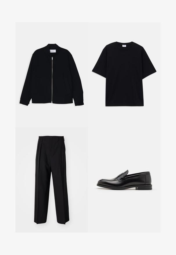 Juodas bombonešis su stovo apykakle, užtrauktuku priekyje ir dviem šoninėmis kišenėmis. Pagamintas iš lygaus audinio, su nertos rankovėmis.; Juodas trumpas rankovėmis per didelis marškinėliai su apvaliu iškirpimu ir matoma Filippa K prekės ženklo etiketė vidinėje apykaklės pusėje.; Juodi klostuoti kelnių, su tiesiu, plačiu kojų dizainu. Pagaminti iš lygios medžiagos, su mygtukų uždarymu ir diržo kilputėmis.; Juodos odinės loafers, turinčios lygų paviršių, apvalią noselę ir dekoratyvinę juostą per priekinę dalį. Žemas krentantis kulnas, minimalistinis dizainas.