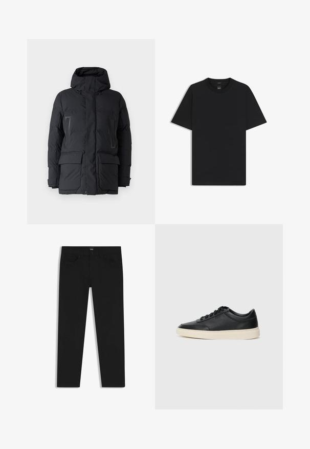 Puffers jakke i sort med høj krave, lynlås og trykknaplukning, to forreste lommer og glat, quiltet tekstur.; Sort kortærmet T-shirt lavet af en glat bomuldsblanding, med en rund halsudskæring og et minimalistisk design uden mønstre eller accenter.; Sorte denimbukser med lige pasform, der har en standard talje, fem lommer og en knaplukning. Glat struktur over det hele.; Sort lavt top lædersneaker med sorte snørebånd og off-white sål vist i sideprofil på hvid baggrund.