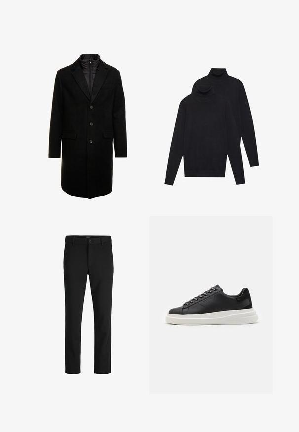 Črn volnen mešani plašč s sleek oblikovanjem, ki vključuje notranjo plast z izolacijo, tri gumbe in dva sprednja žepa.; Dva črna dolgi rokavi puloverja s turtleneck ovratnikom, enostavna pletenina, zložen eden nekoliko za drugim na belem ozadju.; Črne hlače iz gladkega blaga, s klasičnim dizajnom, ravnim krojem, sprednjim gumbom za zapiranje in stranskimi žepi.; Črne usnjene teniske z belim gumijastim podplatom, ki imajo ravne vezalke in blagovno znamko na ošitih luknjah. Mehka tekstura s kontrastnim stranskim poudarkom.