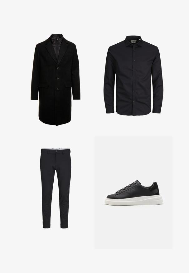 Melna vilnas maisījuma virsjakas ar elegantu dizainu, kurā ir iešūta izolēta iekšējā kārta, trīs pogas un divas priekšējās kabatas.; Melnas garām piedurknēm pogājama krekls, izgatavots no kokvilnas, ar uzmavu apakšu, priekšējo pogu un klasisku piegriezumu. Gluda tekstūra, bez rakstiem.; Melnas bikses, izgatavotas no gludas, elastīgas auduma. Tām ir šaura piegriezuma, pogas aizdare un sānu kabatas.; Melnas ādas sporta kurpes ar baltu gumijas zoli, kurām ir plakanas saites un zīmola acs. Mīksta tekstūra ar kontrastējošu sānu akcentu.