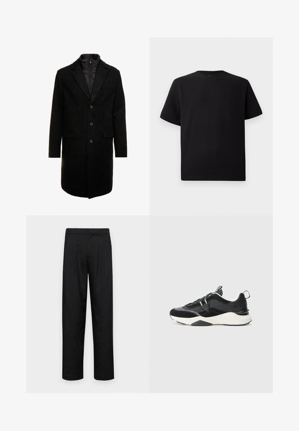 Black wool blend overcoat with a sleek design, featuring a zip-in insulated inner layer, three buttons, and two front pockets.; Black short-sleeve T-shirt made of textured fabric, featuring a round neckline and a relaxed fit. Simple, no patterns or accents.; Black trousers made of smooth fabric, featuring a straight-leg design, two front pleats, and standard waistband with belt loops.; Black sneaker featuring a mix of suede and mesh materials, chunky white sole, and reflective accents. Lace-up design with a pull tab.