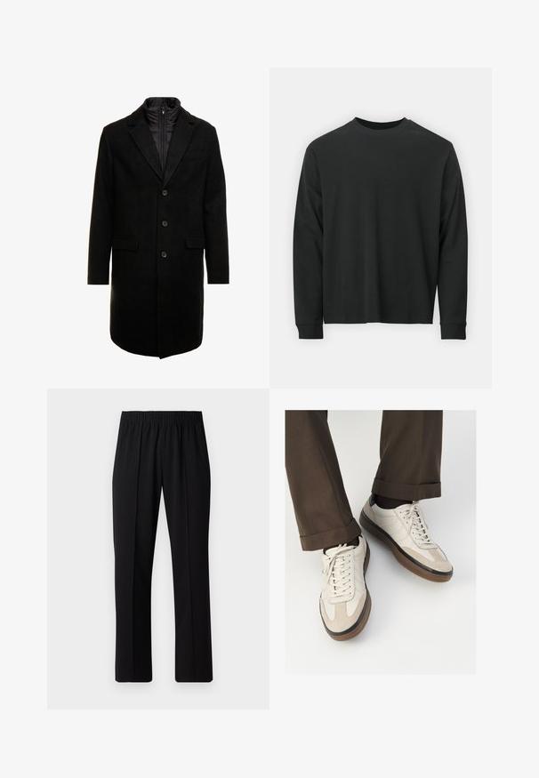Čierny vlnený mixový kabát s elegantným dizajnom, ktorý má zasúvateľnú izolovanú vnútornú vrstvu, tri gombíky a dve predné vrecká.; Čierne tričko s dlhým rukávom vyrobené z bavlny, s okrúhlym výstrihom, vo voľnom strihu a rebrovanými manžetami. Hladká textúra bez viditeľných vzorov.; Čierne nohavice s elastickým pásom a rovnými nohavicami, majú hladkú textúru a žiadne viditeľné vzory ani kovové doplnky.; Béžové tenisky s textúrovanou zamšovou prednou časťou, hladkými koženými bočnými stranami a hnusou gumovou podrážkou. Obsahujú šnúrky a svetlé stehy ako detail.