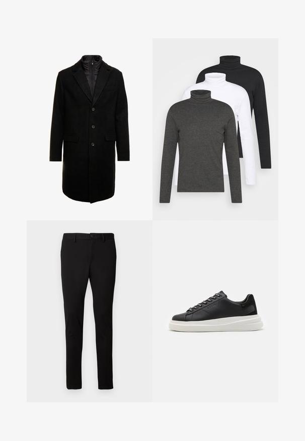 Zwarte wolblend overjas met een slank ontwerp, voorzien van een uitneembare geïsoleerde binnenlaag, drie knopen en twee voorzakken.; Drie lange mouwen turtlenecks in donkergrijs, wit en zwart. Gemaakt van zachte stof met een geribbelde turtleneck ontwerp en aansluitende mouwen.; Zwarte slim-fit broek met riemlussen, knoop aan de voorkant en ritssluiting, gepresenteerd op een effen lichte achtergrond.; Zwarte leren sneakers met een witte rubberen zool, voorzien van platte veters en gemerkte oogjes. Zachte textuur met een contrasterende zijaccent.