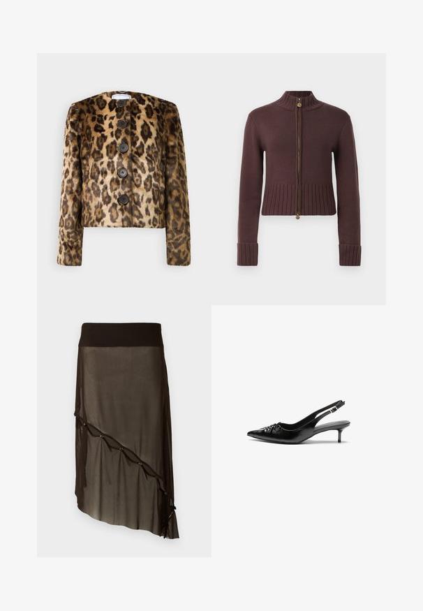 Leopárdmintás műszőrme kabát kerek nyakkal, öt sötét gombbal és hosszú ujjal. Puha textúrájú és rövidített fazonú.; Sötétbarna bordás kötött zipzáros kardigán magas gallérral, hosszú ujjakkal és virágmotívumos zipzárral.; Leopárd mintás, hosszú ujjú, cropped felső, sima textúrával, barna és fekete színpalettával, valamint egy finom logó részlettel az alján.; Fekete hálós szoknya szabott derékkal, aszimmetrikus szegéllyel, dekoratív gombokkal elöl, és réteges átlátszó textúrával.; Fekete bőrből készült slingback magassarkú cipők hegyes orral, kis francia sarokkal és díszes csomóval az elején. Az egész felületen sima textúra.