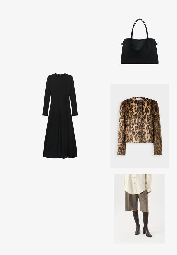 Leopard-print faux fur jacket with a round neckline, five dark buttons, and long sleeves. Soft texture and cropped design.; Black long-sleeve dress with a round neckline, featuring a straight cut and pleated skirt. Made from smooth, lightweight fabric.; Brown knee-high boots with a square toe and block heel, paired with beige oversized shirt and brown checkered culottes.; Black leather handbag with dual shoulder straps, rectangular shape, and minimalistic design on a white background.