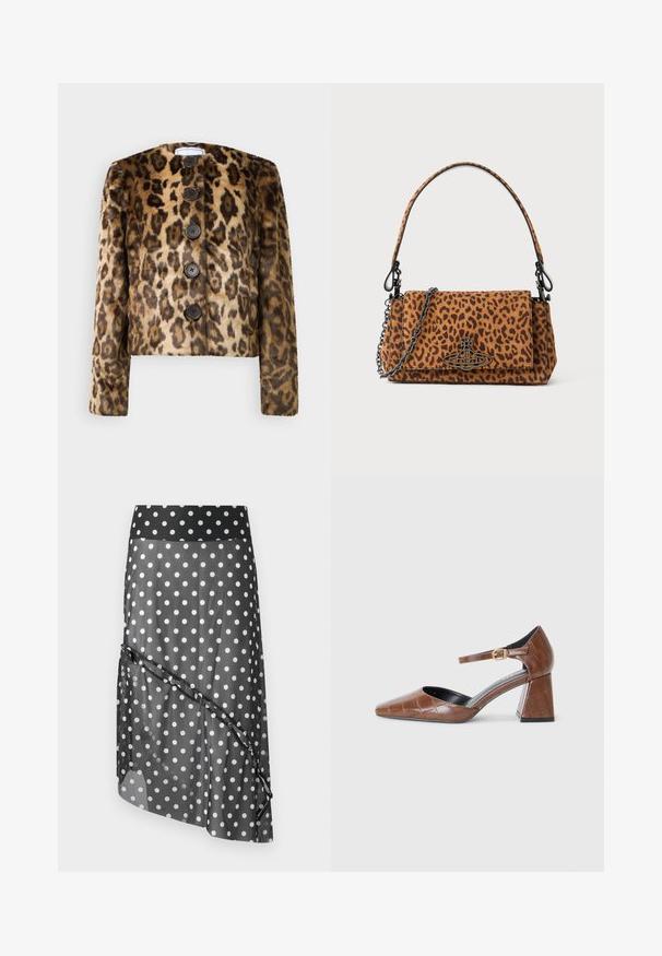 Leopardprint nepbontjas met een ronde halslijn, vijf donkere knopen en lange mouwen. Zachte textuur en cropped ontwerp.; Beige trui met korte mouwen, een ribbelige kraag, een ribbelige onderrand en een gemêleerd breiwerk. Heeft een aansluitende pasvorm met raglanmouwen.; Zwarte rok met stippen en een transparante overlay, met een brede tailleband en een gelaagd, asymmetrisch ontwerp. Gladde textuur en lichtgewicht materiaal.; Bruine patenten leren pump met een vierkante neus, textuur met krokodillenpatroon, enkelband met gouden gespsluiting en een chunky hak.; Luipaardprint handtas van suede met een korte hengsel, een kettingriem en een zwarte sluiting. Rechthoekige vorm met een klep-sluiting.