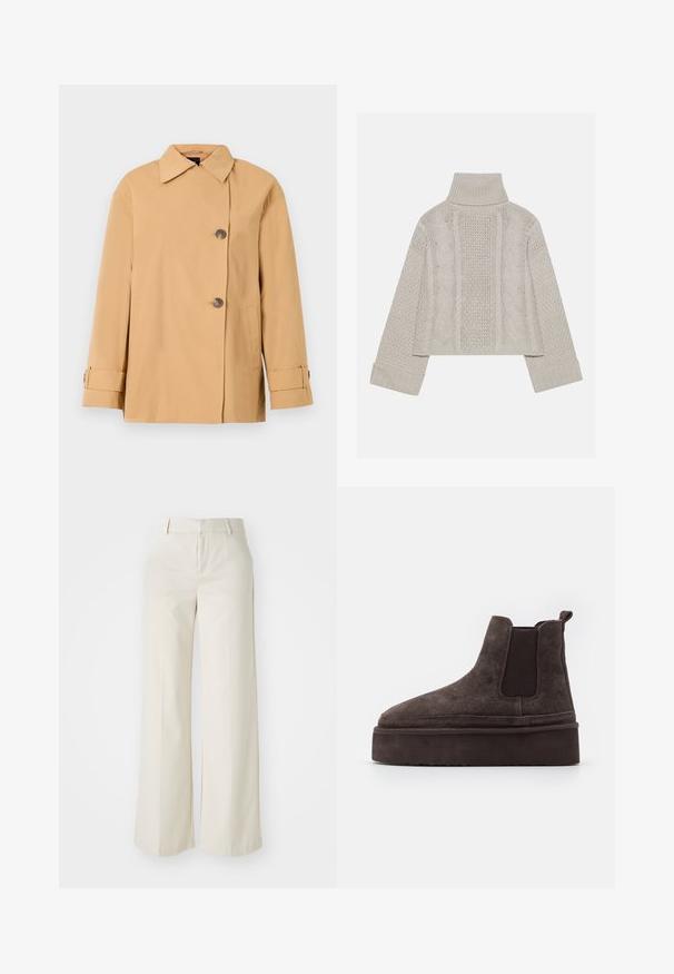 Beige kahepoolne jakk laia kraega, kahe nööbiga, küljetaskute ja mansetivöödellega. Valmistatud sileda ja kergest kangast.; Lühendatud, heledast hallist kudumist valmistatud sviiter kõrge kraega ja ribidega mansettidega, millel on tekstuursed nööri mustrid seljal ja külgedel.; Laiad püksid helesbežis värvitoonis, valmistatud siledast kangast. Omavad klassikalist vööd ja siledat fronti puhaste joontega.; Pruunid suede Chelsea saapad elastsete külgpaneelidega ja paksu, tekstureeritud platvormitald. Omab kandmismugavuse jaoks kandaabi kandmisel.
