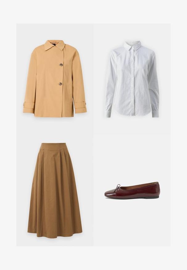 Beige dubbele-breasted jacket met een brede kraag, twee knopen, zijzakken en manchetten met bandjes. Gemaakt van een zachte, lichte stof.; Witte overhemd met knopen van glad katoen, met een klassieke kraag, lange mouwen en een afgeronde zoom. De knopen zijn klein en wit.; Bruine katoen A-lijn rok met een hoge taille, voorzien van plooien aan de voorkant en een gladde textuur. De zoomafwerking is schoon en eenvoudig.; Bordeaux gepatenteerd lederen ballerina met een ronde neus, een klein strikaccent aan de voorkant en een lage, zwarte rubberen zool. Glad textuur.