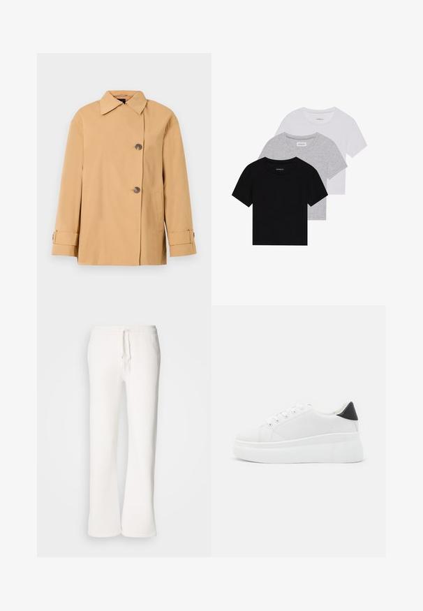 Giacca beige doppiopetto con colletto ampio, due bottoni, tasche laterali e cinturini ai polsini. Realizzata in un tessuto morbido e leggero.; Set di tre t-shirt a maniche corte in nero, grigio e bianco. Realizzate in cotone, presentano un collo a giro e un design semplice in un colore solido.; Pantaloni della tuta bianchi, a vestibilità ampia, realizzati in tessuto morbido, con vita elastica dotata di laccetto e design a gamba dritta.; Sneakers platform bianchi realizzati in materiale sintetico liscio, con punta arrotondata, design con lacci e suola in gomma texture. Accento nero nel tallone.