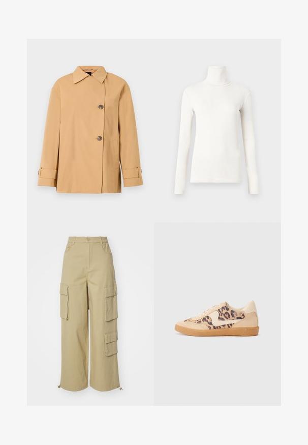 Bež jakna s dvostrukim gumbom in širokim ovratnikom, dvema gumboma, stranskima žepoma in trakovi na manšetah. Narejena iz gladkega, lahkega materiala.; Majica z dolgimi rokavi in turtleneck v off-white barvi, izdelana iz mehkega, raztegljivega materiala z oprijetim dizajnom in rebrasto teksturo.; Bež hlače cargo z širokimi nogami, dvema velikima stranskima žepoma, sprednjima žepoma in detajlom s ponjavico na robu. Mešanica bombaža.; Teniske s leopardjim vzorom z zgornjim delom iz bež semiša, rjavim gumijastim podplatom in belimi detajli. Okrogla konica in vezenje z vezalkami ter teksturirana površina.