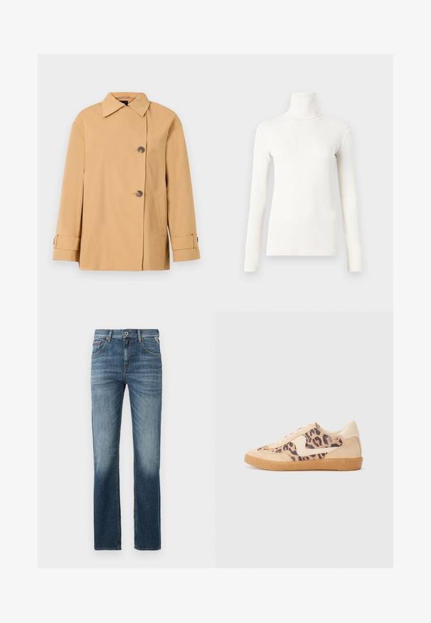 Bež jakna s dvostrukim gumbom in širokim ovratnikom, dvema gumboma, stranskima žepoma in trakovi na manšetah. Narejena iz gladkega, lahkega materiala.; Majica z dolgimi rokavi in turtleneck v off-white barvi, izdelana iz mehkega, raztegljivega materiala z oprijetim dizajnom in rebrasto teksturo.; Temno modri jeans iz denima z ravnim krojem, z rahlim bledenjem na stegnih in kontrastnimi šivi. Klasična zasnova s petimi žepi in zadrgo.; Teniske s leopardjim vzorom z zgornjim delom iz bež semiša, rjavim gumijastim podplatom in belimi detajli. Okrogla konica in vezenje z vezalkami ter teksturirana površina.