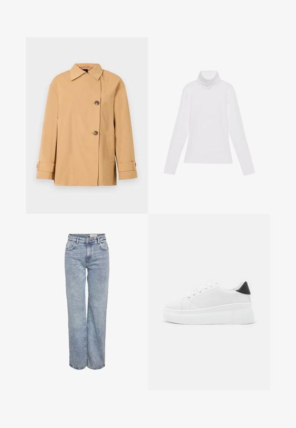 Beige doppelt geknöpfter Blazer mit breitem Kragen, zwei Knöpfen, seitlichen Taschen und Ärmelriemen. Hergestellt aus einem glatten, leichten Stoff.; Weißes Langarm-Turtleneck-Oberteil aus glattem, elastischem Stoff. Mit hohem Kragen und tailliertem Schnitt, ohne sichtbare Muster oder Verzierungen.; Hellblau weite Jeans aus Denim, mit hoher Taille, fünf Taschen-Design und subtilen Ausbleichungen für einen eingesessenen Look.; Weiße Plateausneaker aus glattem Kunstmaterial, mit runder Zehenform, Schnürdesign und einer strukturierten Gummisohle. Schwarzer Fersenakzent.