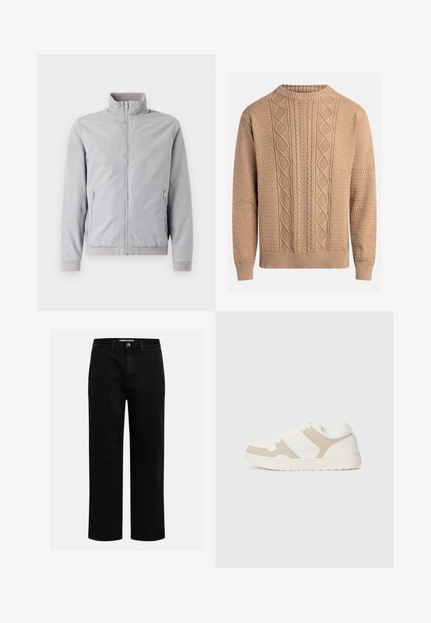 Heled hall jakkk, millel on püsti seisev krae, tõmblukuga kinnitus ja kaks külge tõmblukuga taskut. Omab soonikuid mansettides ja helves, siledat tekstuuri.; Beezsilmeline koe, millel on tekstuurilised mustrid. Omab ümarat kaelaosa, soonikuid mansette ning mitmekesiseid palmikute kudumisi ees.; Mustad denim püksid sirge jala kujundiga, klassikaline viie tasku disain ja nööbid kinniuisutamisel. Sile tekstuur ja vastupidav kangas.; Valge ja beež treeningjalats, millel on sujuvad ja sametised tekstuurid, ümar varvas, lukk nööbid ja tasane kummist tald.