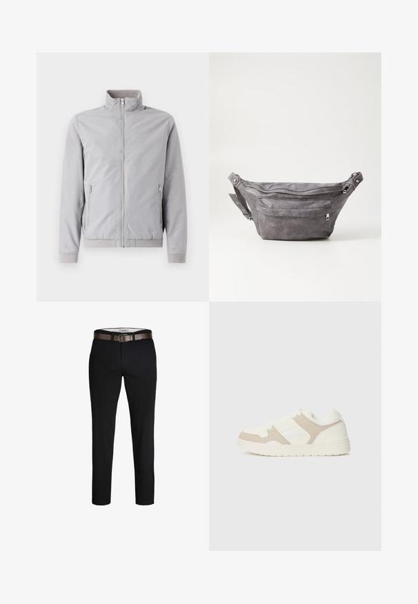 Gaiši pelēks žakets ar paceltu apkakli, ar rāvējslēdzēju un divām sānu kabatām ar rāvējslēdzēju. Iezīmēts ar ribotām aprocēm un apakšu, gluda tekstūra.; Bežs garām piedurknēm adīts džemperis ar apaļu kaklu un mazu brūnu izšūtu logo kreisajā krūtī, attēlots uz vienkārša fona.; Melni kokvilnas bikses ar taisnu piegriezumu, kurām ir brūns ādas josta un gluda tekstūra. Vienkāršs dizains, bez redzamām rakstām vai akcentiem.; Baltas un bežs kedas ar gludu un zamšveida tekstūru apvienojumu, apaļu purngali, saiteņu aizdari un platu gumijas zoli.; Pelēks zamšādas jostas somiņa ar noapaļotu formu, divām kabatām ar rāvējslēdzējiem un regulējamu siksnu. Iekļauj metāla aksesuārus.