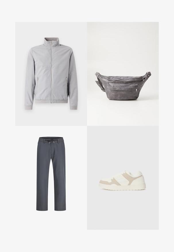 Svetlo siva jakna z dvignjenim ovratnikom, zadrgo in dvema stranskima žepoma na zadrgo. Ima rebraste manšete in pas ter gladko teksturo.; Bežna dolga pulover s dolgimi rokavi in klasičnim ovratnikom, z majhnim rjavim izvezenim logotipom na levem prsnem območju, predstavljen na enobarvni podlagi.; Sive, elastične hlače z gumico in vezalko. Ravnina noge, izdelane iz gladkega materiala, imajo minimalne šive in brez vidne strojne opreme.; Bež in bela športna obuvala z mešanico gladkih in semiš tekstur, okroglo konico, vezalni sistem in raven gumijast podplat.; Sivkasta zamšasta torbica s okroglo obliko, dvema žepoma na zadrgo in nastavljivim trakom. Ima kovinske dodatke.