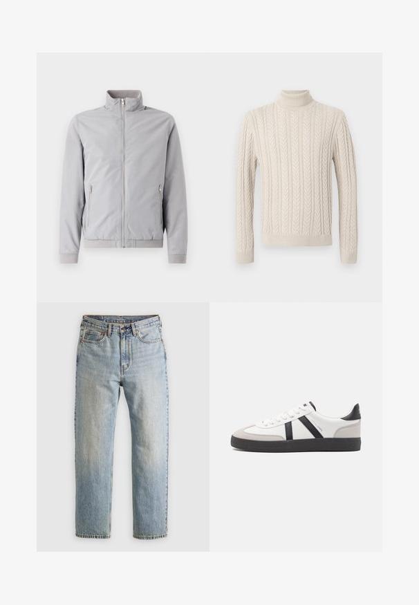 Világosszürke dzseki álló gallérral, cipzáras záródással és két oldalsó cipzáras zsebbel. Felső anyaga bordázott mandzsettákkal és szegéllyel, sima tapintású.; Beige, kötött pulóver magas, bordázott garbónyakkal. Texturált fonott minta és bordázott mandzsetta valamint alj jellemzi, ami kényelmes megjelenést kölcsönöz.; Világoskék farmernadrág magas derékkal, elülső gombbal, cipzárral és öt zsebbel, sima háttérre fektetve.; Fehér sneaker fekete és szürke részletekkel, textúrált szürke orr résszel, fekete gumitalppal és lapos fehér fűzőkkel. Tiszta dizájn, minimalista stílus.