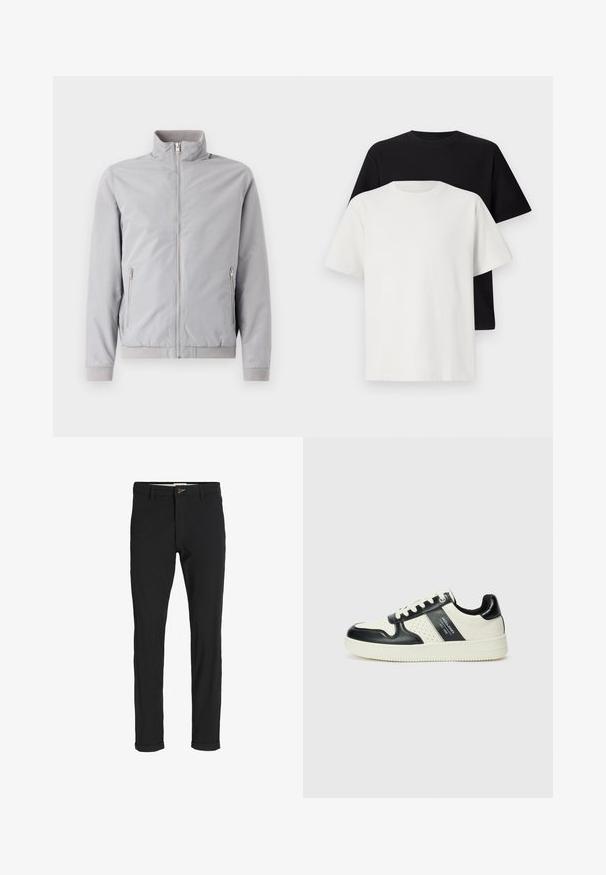 Lichtgrijze jas met een kraag die omhoog staat, ritssluiting en twee zijzakken met rits. Heeft ribgebreide manchetten en zoom, en een zachte textuur.; Katoenen T-shirt set met een zwarte top en een witte top, beide met korte mouwen, ronde hals en een standaard pasvorm. Textuurstof.; Zwarte katoenen broek van een katoenmix met een slim fit, voorzien van een knoopsluiting, zakken en opgerolde mouwen voor een casual afwerking.; Leren sneakers met een zwart en crèmekleurig kleurenschema, voorzien van geperforeerde accenten, een gevoerde kraag en een gestructureerde buitenzool.