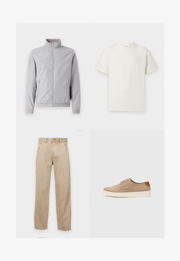 Giacca grigia chiaro con colletto alto, chiusura a zip e due tasche laterali con zip. Presenta polsini e bordo a coste, texture liscia.; T-shirt bianca a maniche corte in texture a coste. Girocollo, vestibilità rilassata, senza modelli o accenti visibili. Design semplice e versatile.; Jeans in denim beige con un design a gamba dritta, dotati di tasche frontali, chiusura con bottone metallico e una texture delicata.; Sneaker in suede beige con punta arrotondata, stringhe davanti e un accento testurizzato sul retro. La suola in gomma bianca offre un contrasto. Design semplice e moderno.