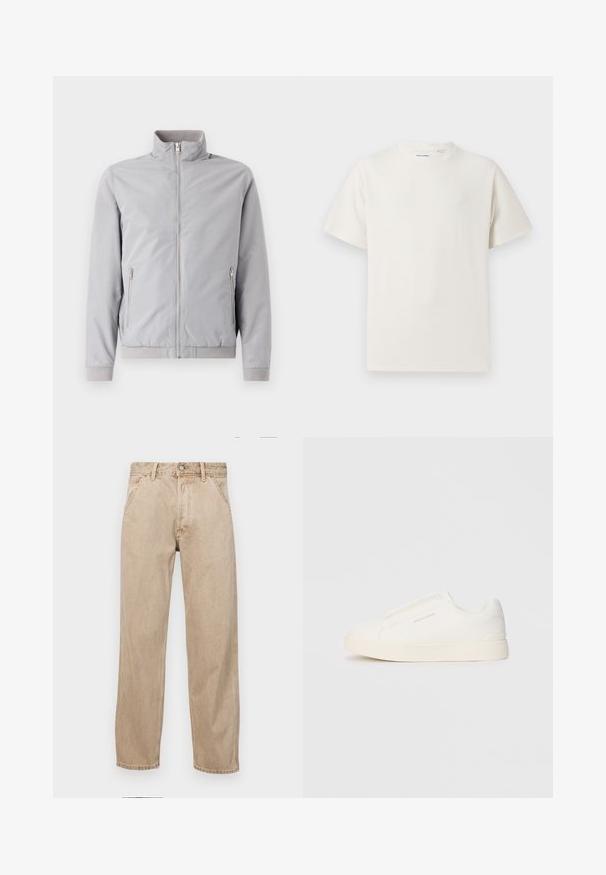 Világosszürke dzseki álló gallérral, cipzáras záródással és két oldalsó cipzáras zsebbel. Felső anyaga bordázott mandzsettákkal és szegéllyel, sima tapintású.; Fehér, rövid ujjú póló bordázott textúrával. Kerek nyakkivágás, laza szabás, nincs látható minta vagy díszítés. Egyszerű és sokoldalú dizájn.; Beige színű farmernadrág egyenes fazonnal, elülső zsebekkel, fém gombos záródással és diszkrét textúrával.; Fehér slip-on sportcipők texturált felülettel, vastag talppal és minimalista dizájnnal. Az oldalon a márka logója található.