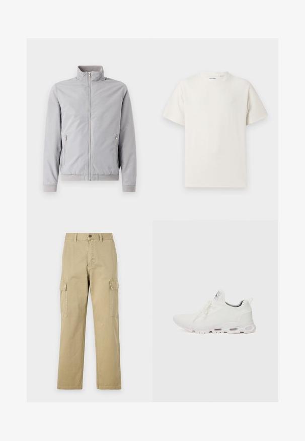 Lys grå jakke med oppstående krage, glidelås foran og to sidet lommer med glidelås. Har ribbestrikkede mansjetter og hem, og en glatt tekstur.; Hvit T-skjorte med kort erm i ribbestrikket tekstur. Rund hals, avslappet passform, ingen synlige mønstre eller detaljer. Enkelt og allsidig design.; Beige cargo bukser laget av bomull, med to sidelommer, knappelukking, og rette ben med et lett strukturert stoff.; Hvite atletiske sko med et teksturert strikket overdel, flate snører og en polstret såle med synlige luftkamre for ekstra støtte.