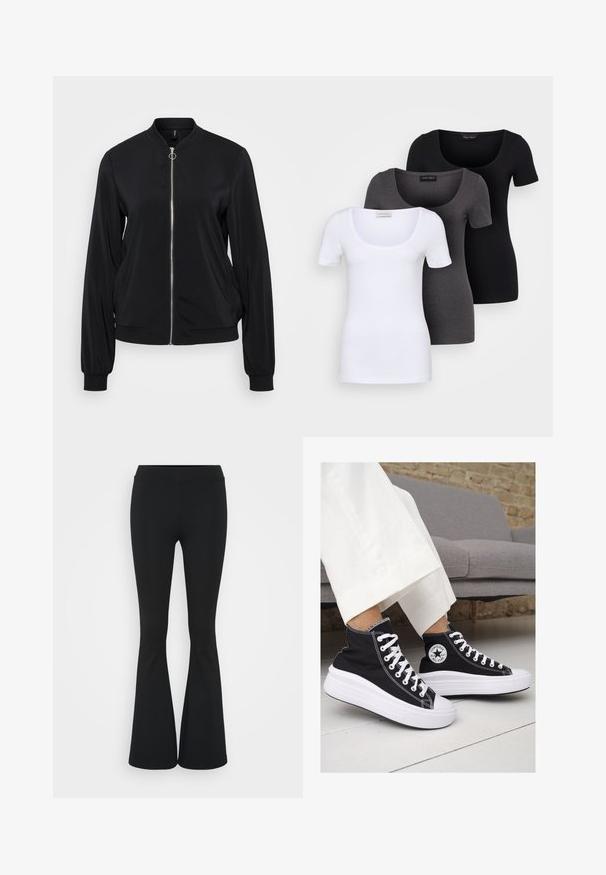 Chaqueta bomber negra con cremallera frontal, puños acanalados y cuello redondo. Material suave con bolsillos laterales y un diseño ajustado.; Tres camisetas ajustadas en blanco, gris y negro. Cada una cuenta con un escote amplio y mangas cortas. Están hechas de una tela suave y elástica.; Pantalones negros de campana hechos de una tela elástica, con una cintura alta y una textura suave. Los pantalones se ensanchan desde la rodilla.; Zapatillas altas de lona negra con suelas y cordones de goma blanca. Presentan un logo circular en el lateral y costuras blancas en contraste.