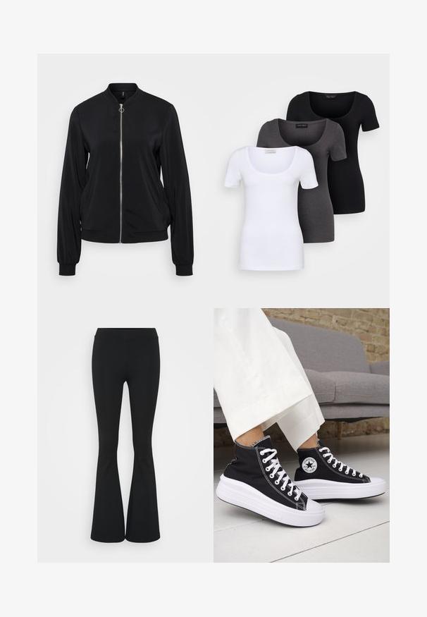 Schwarze Bomberjacke mit einem Reißverschluss vorne, gerippten Bündchen und einem runden Halsausschnitt. Glattes Material mit Seitentaschen und taillierter Passform.; Drei figurbetonte T-Shirts in Weiß, Grau und Schwarz. Jedes hat einen weiten Rundhalsausschnitt und kurze Ärmel. Hergestellt aus glattem, elastischem Stoff.; Schwarze, ausgestellte Hosen aus dehnbarem Material mit hohem Bund und glatter Textur. Die Hose weitet sich ab dem Knie.; Schwarze High-Top-Sneaker mit weißen Gummisohlen und Schnürsenkeln. Verfügt über ein rundes Logo-Patch und kontrastierende weiße Nähte. Aus Canvas-Material.