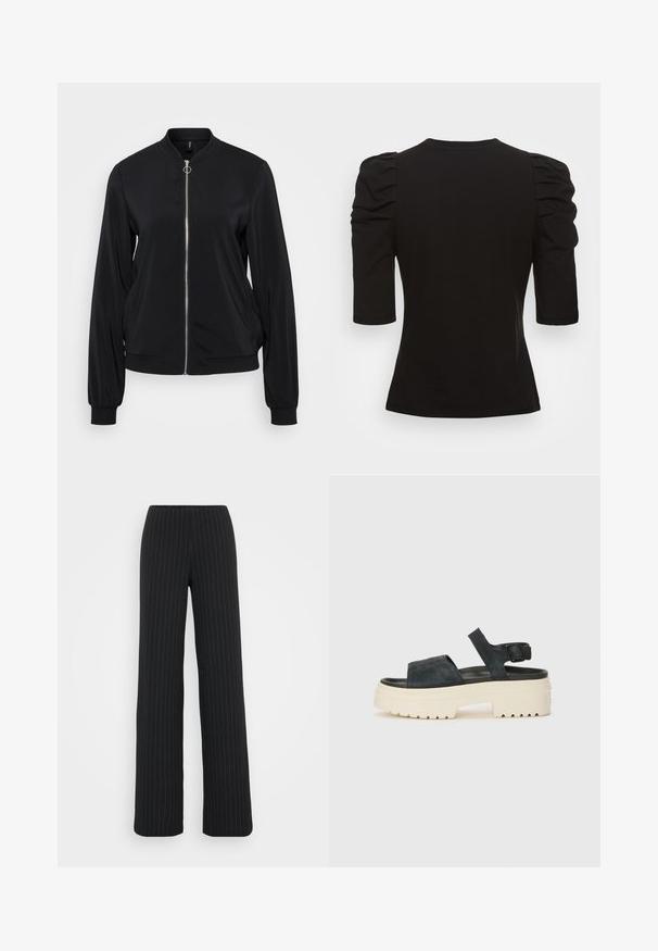 Zwarte bomberjack met een ritssluiting aan de voorkant, gebreide manchetten en een ronde hals. Glad materiaal met zijzakken en een getailleerd ontwerp.; Vero Moda Tall VMEGAMAXI - T-shirt basic - black; Vero Moda Tall VMBERLIN MY WIDE - Broek - obsidian/oatmeal; Zwarte suède platform sandaal met een chunky witte zool, brede voorband en verstelbare enkelgesp. Geprofileerde zool voor grip.