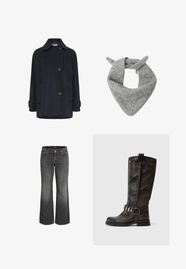 Námorníkově modrý vlněný kabát se šířeným límcem, dvouknoflíkovým zapínáním, kapsami s klopami po stranách a ohrnutými manžetami. Měkká textura a uvolněný střih.; Šedý pletený svetr s širokým výstřihem, dlouhými rukávy a žebrovanými manžetami. Tkanina se zdá být měkká s jemnou texturou a volným střihem.; Černé džíny z denimu se širokými nohavicemi, s zapínáním na knoflík a zip, pěti kapsami a jemným vyblednutím na látce.; Tamaris Kovbojské/motorkářské kozačky - cigar; Měkká šedá pletená bandana šála složená s dvěma konci uvázanými do volného uzlu na bílém pozadí.; Námořnická modrá kabelka vyrobená z lesklé umělé kůže, se strukturovaným vzorem aligátorské kůže a zakřiveným ramenním popruhem.