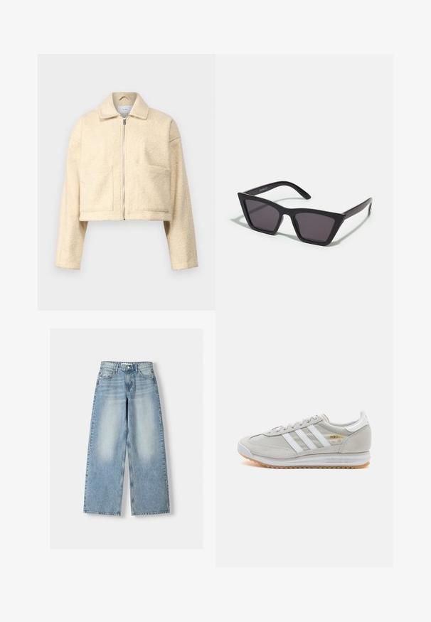 Korte crèmekleurige jas van zacht, textuurmateriaal. Voorzien van een kraag, een ritssluiting aan de voorkant en twee vierkante zakken op de borst.; Zwarte oversized hoodie van zacht materiaal, met een kangoeroezak, trekkoord en subtiele reliëfdruk van het logo op de borst.; Lichtblauwe denim wijde jeans met een hoge taille, met een vervaagde afwerking, vijf zakken en een rechte cut.; Lichtgrijze sneaker van suede en mesh, met drie witte strepen, ronde neus en een gumrubberen zool. Gouden logo-accent bij de veters.; Zwarte, hoekige zonnebril met grijze lenzen; gemaakt van plastic, met dikke armen met een gladde oppervlakte en zonder zichtbare hardware.