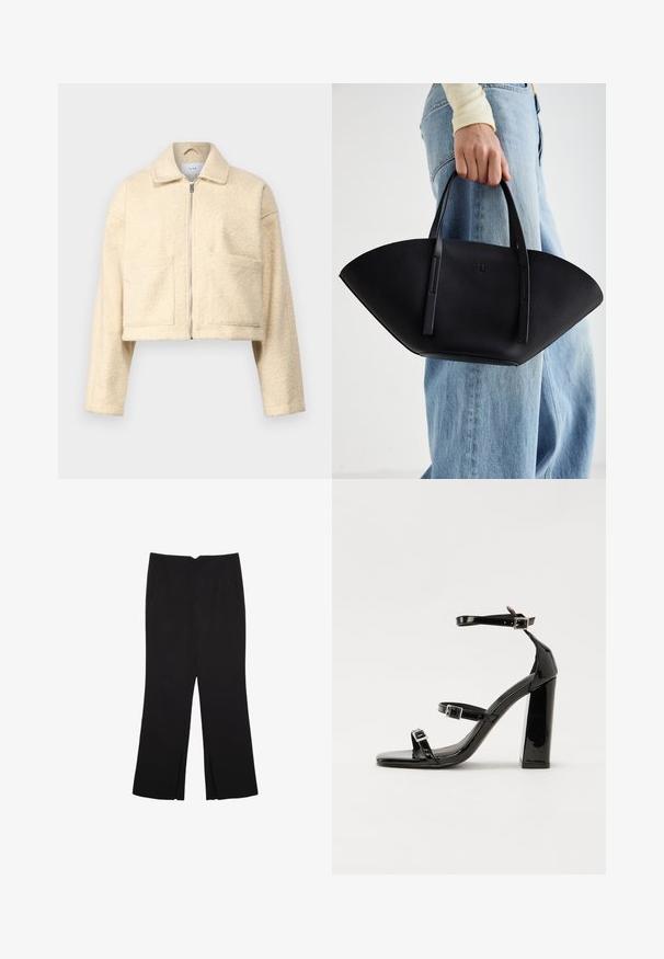 Cropped Crème-Jacke aus weichem, strukturiertem Material. Verfügt über einen Kragen, einen Reißverschluss an der Vorderseite und zwei quadratische Taschen auf der Brust.; Schwarzes ärmelloses Oberteil aus glattem Stoff, mit einem runden Ausschnitt und einer figurbetonten Passform, ohne sichtbare Muster oder Verzierungen.; Schwarze Hose mit geradem Schnitt, ausgestattet mit Fronttaschen und Seitenschlitzen am Saum. Hergestellt aus weichem, glattem Stoff. Geeignet für verschiedene Anlässe.; Schwarze patentierte Sandalen mit Absatz, quadratischer Spitze, Knöchelriemen und silbernen Schnallen. Mit einem stabilen Blockabsatz für mehr Stabilität.; Schwarze Lederhandtasche mit einzigartiger Fächerform, ausgestattet mit flachen Griffen. Die Oberfläche hat eine genoppte Textur und ein minimalistisches Design.