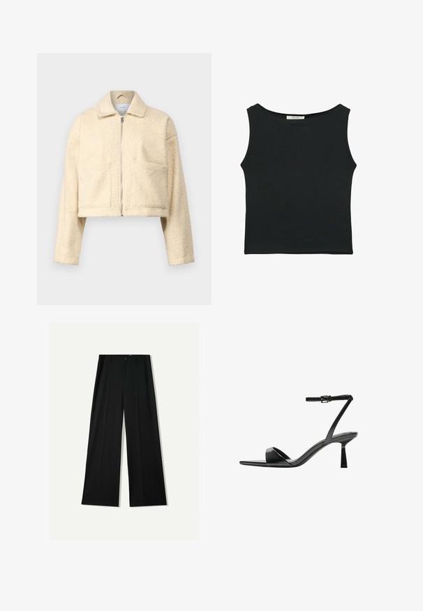 Lyhennetty kerma värinen takki, joka on valmistettu pehmeästä, teksturoidusta materiaalista. Takissa on kaulus, etuvetoketju ja kaksi neliömäistä taskua rinnassa.; Mustat hihattomat paidat, jotka on valmistettu sileästä kankaasta. Paidassa on pyöreä kaula-aukko ja se on istuva ilman näkyviä kuvioita tai koristuksia.; Bershka WIDE - Housut - black; Bershka Korolliset sandaalit - black