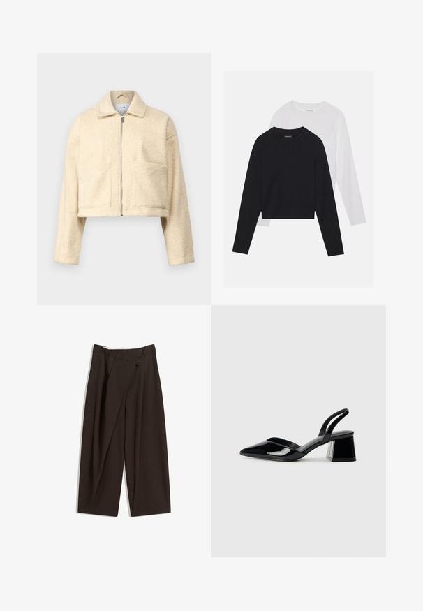 Skórzany krótki kremowy żakiet wykonany z miękkiego, teksturowanego materiału. Posiada kołnierz, zamek błyskawiczny z przodu oraz dwie kwadratowe kieszenie na piersiach.; Dwie koszule z długim rękawem: jedna czarna, a druga biała. Obie mają okrągły dekolt, rękawy raglanowe i miękką bawełnianą tkaninę.; Ciemnobrązowe szerokie spodnie o wysokim stanie, z pojedynczym zapięciem na guzik i plisowanym przodem. Wykonane z lekkiego materiału.; Czarne lakierowane półbuty na obcasie z wydłużonym noskiem i geometrycznym słupkiem. Charakteryzują się eleganckim, minimalistycznym designem oraz gładką fakturą.