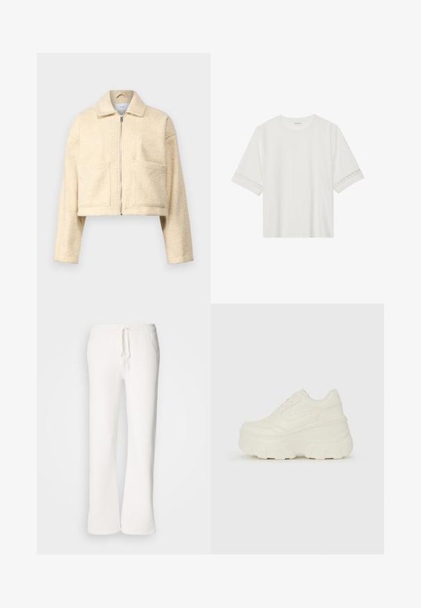 Skrajšana krema jakna iz mehkega, teksturiranega materiala. Ima ovratnik, sprednji zadrgo in dva kvadratna žepa na prsnici.; Bela kratka majica s kratkimi rokavi iz bombaža, okrašena z dekorativnim čipkastim robom ob rokavih in okroglo izrezom.; Bela, sproščena trenerka iz mehkega blaga, z elastičnim pasom in vrvico ter naravnim krojem nogavic.; Bele platformske tene z belim zgornjim delom, ki spominja na usnje, okroglo obliko, oblazinjen ovratnik ter gumo z teksturo na podplatu z izrazitimi profili.