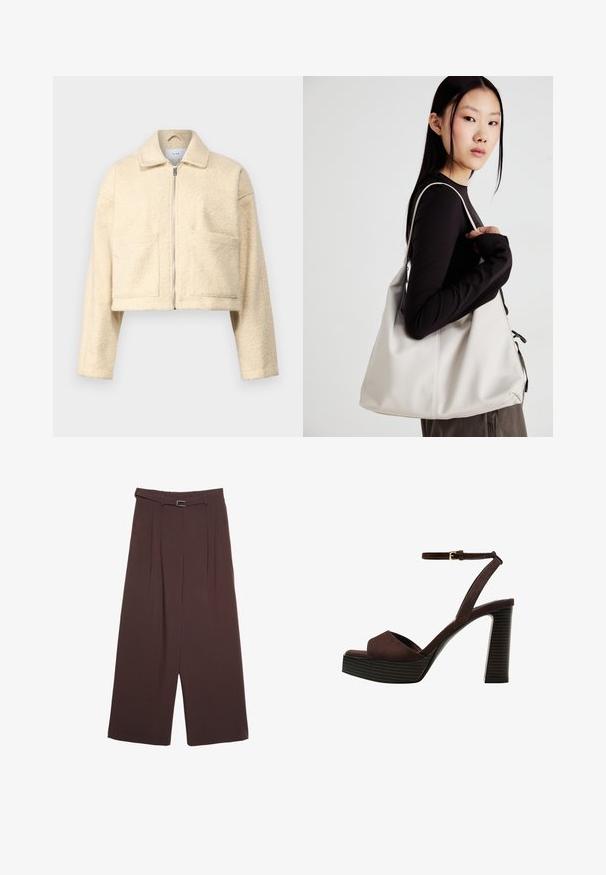 Afskåret cremet jakke lavet af blødt, textureret materiale. Har krave, lynlås fortil og to firkantede lommer på brystet.; Brun kortærmet t-shirt lavet af blødt stof, med rund halsudskæring og en afslappet pasform. Glat overflade uden mønstre eller detaljer.; Stradivarius WIDE-LEG WITH BUCKLE DETAIL - Bukser - dark brown; Brune ruskinds højhælede sandal med åben tå, justerbar ankelrem og en stribet plade sål.; Beige håndtaske lavet af blødt materiale med et slouchy design, stikninger og to skulderremme. Velegnet til daglig brug.