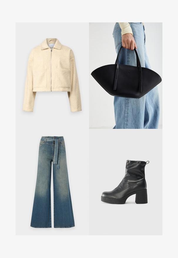 Skrajšana krema jakna iz mehkega, teksturiranega materiala. Ima ovratnik, sprednji zadrgo in dva kvadratna žepa na prsnici.; Črna bombažna majica s kratkimi rokavi, ki ima majhen roza metuljček na levi strani prsnega dela. Majica s krožnim ovratnikom in sproščenim krojem.; Široke jeans hlače z gradientom od svetlo do temno modre, visokim pasom, zankami za pas in pasom iz istega materiala. Tekstura denim končnica.; Črne gležnjarje iz gladke kože z božnim zadrgo, masivnim teksturiranim peto in zaobljeno obliko prstov.; Črna usnjena torbica z edinstveno obliko ventilatorja, z ravnimi ročaji. Površina ima teksturo z drobnimi kamni in minimalističen dizajn.