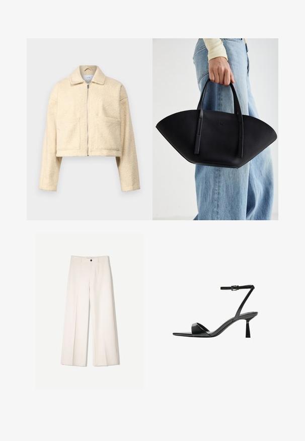 Cropped Crème-Jacke aus weichem, strukturiertem Material. Verfügt über einen Kragen, einen Reißverschluss an der Vorderseite und zwei quadratische Taschen auf der Brust.; Schwarzes Tanktop aus Baumwolle mit rundem Halsausschnitt und weiten Armöffnungen. Glatte Textur mit genähten Säumen. Klassisches, minimalistisches Design.; Cremfarbene weitem Hosen mit maßgeschneidertem Design, ausgestattet mit zwei vorderen Taschen und einem vorderen Knopfverschluss, aus glattem Stoff gefertigt.; Bershka High Heel Sandalette - black; Schwarze Lederhandtasche mit einzigartiger Fächerform, ausgestattet mit flachen Griffen. Die Oberfläche hat eine genoppte Textur und ein minimalistisches Design.
