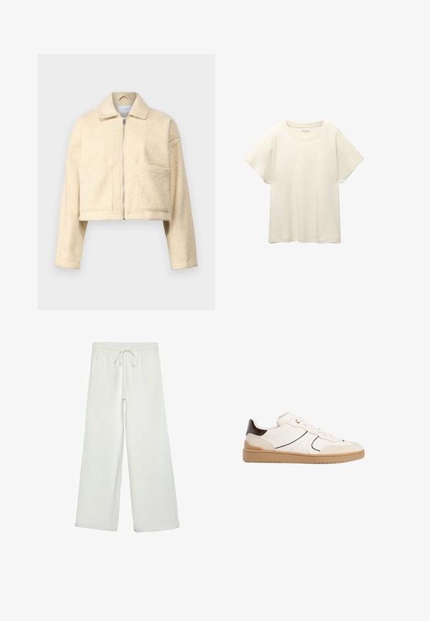Lyhennetty kerma värinen takki, joka on valmistettu pehmeästä, teksturoidusta materiaalista. Takissa on kaulus, etuvetoketju ja kaksi neliömäistä taskua rinnassa.; Vaaleanbeige lyhythihainen t-paita, jossa on pyöreä kaula-aukko, valmistettu pehmeästä ja sileästä kankaasta. Ominaisuuksina rento mitta ja suora helma.; Valkoiset leveälahkeiset housut pehmeästä kankaasta. Varustettu joustavalla vyötäröllä ja nyörillä sekä sileällä pinnalla. Ei näkyviä kuvioita tai tarvikkeita.; Stradivarius Matalavartiset tennarit - white