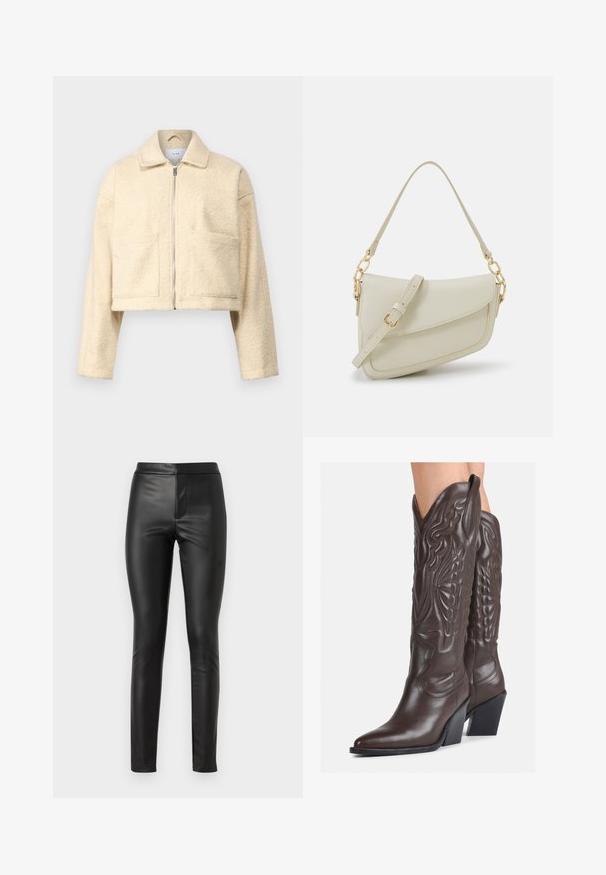 Cropped cream jacket made of soft, textured material. Features a collar, front zipper, and two square pockets on the chest.; White sleeveless tank top made of ribbed fabric, featuring a rounded neckline and a fitted silhouette, with minimal seams and no embellishments.; Black leather leggings with a smooth texture, slim fit, and high waistband. Features a front seam for a tailored appearance.; Brown leather cowboy boots with pointed toe and block heel, featuring detailed stitching and raised accents on the shaft.; Small cream handbag with a textured finish, a long adjustable strap, a chain accent, and a flap closure. Gold hardware detailing.