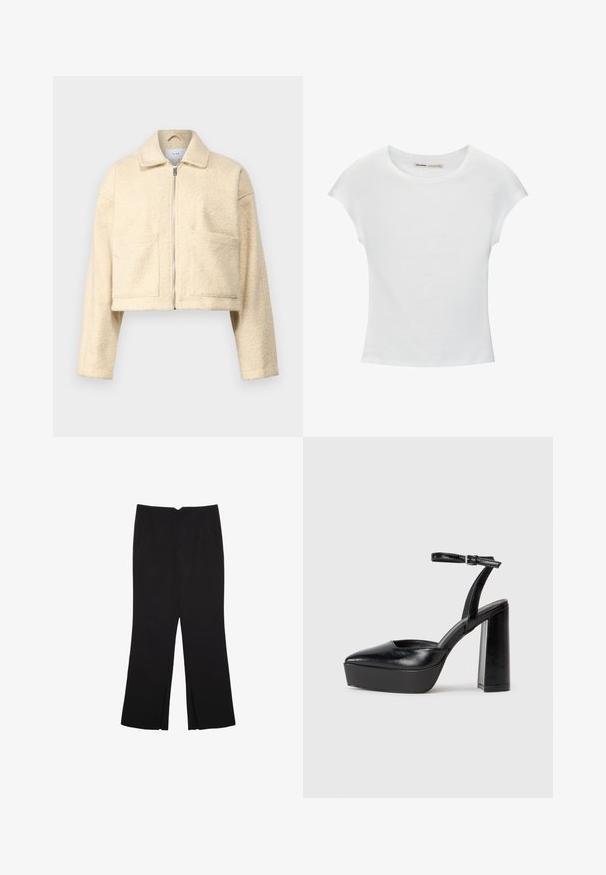 Kortad krämfärgad jacka gjort av mjukt, texturerat material. Har en krage, framzipper och två fyrkantiga fickor på bröstet.; Vitt bomullst-shirt med korta, uppvikta ärmar, rund halsringning och rak fåll. Mjuk textur utan synliga mönster eller detaljer.; Svarta byxor med rak passform, utrustade med framfickor och sidoklyvningar vid fållen. Tillverkade av mjukt, slätt tyg. Lämpliga för olika tillfällen.; Svarta plattformsskor med spetsig tå och justerbart vristband. Tillverkade av mjukt läder, med en kraftig blockklack.