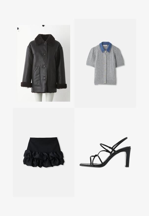 Schwarze Lederjacke mit braunem Lammfellkragen, vorderer Knopfverschluss, zwei Seitentaschen und Lammfell-Akzenten an den Bündchen.; Graue gestrickte Kurzarm-Cardigan mit einem Zopfmuster, ausgestattet mit einem Denim-Kragen und fünf goldenen Knöpfen auf der Vorderseite.; Schwarzer Minirock mit tailliertem Oberteil und drei Lagen aus gerafftem Stoff am Saum, mit glatter Textur und klaren Linien.; Schwarze Absatzsandalen mit dünnen Riemen, strukturiertem Finish, offener Zehenpartie und einem eleganten, spitzen Absatzdesign. Verfügt über eine glatte Innensohle und eine glänzende Oberfläche.