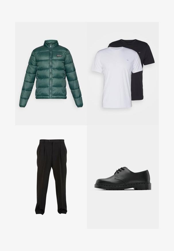 Žalias pūkuotas švarkas su pilnu priekiniu užtrauktuku, aukšta apykakle, šoninės užtrauktukų kišenės ir Calvin Klein logotipo aplikacija ant krūtinės.; Du pfaldi medvilniniai marškiniai trumpomis rankovėmis, balti ir juodi, su apvaliais kaklais, turintys mažą logotipą ant krūtinės, glotnus paviršius.; Juodos kelnės su lygiu audiniu, turinčios priekines klostes, mygtukų juosmenį ir siaurėjančius kulkšnies audinius. Klasikinis pritaikytas siluetas.; Juodos odinės oksfordo bateliai su raištelių užsegimu, apvaliu pirštu, plokščiu guminiu padu ir subtiliu siuvimo akcentu viršuje.