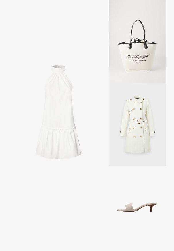 Béžový trenčkot s dvojradovým zapínaním, veľkými gombíkmi, opaskom v páse a ramennými epoleťami. Dlhé rukávy a bočné vrecká.; Biele bavlnené šaty bez rukávov s riaseným výstrihom a rozšíreným volánom na leme. Hladká textúra, bez rukávov a dĺžka po kolená.; Sandal bez päty s béžovým tkaným vrchom, otvorenou špičkou a zakrivenou drevenou strednou podrážkou. Dizajn sa vyznačuje hladkou textúrou a minimalistickým tvarom.; Kozmetická taška z plátna v krémovej farbe s čiernymi koženými detailmi, so šnúrkovým uzáverom a potlačou loga. Hladká textúra a štruktúrovaný tvar.