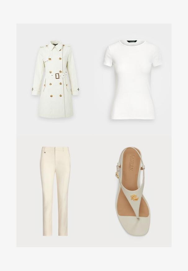Bēša trenčmētelis ar dubultpogojumu, lielām pogām, vidukļa jostu un plecu uzplečiem. Garas piedurknes un sānu kabatas.; Balts kokvilnas T-krekls ar īsām piedurknēm, apaļu kaklu, pieguļošu dizainu un gludu tekstūru. Logo birka pie kakla.; Kremkrāsas piegrieztas bikses ar taisnu kāju griezumu, kas izceļas ar gludu tekstūru, priekšējām kabatām un smalku metalisku akcentu uz jostas.; Brūns un krēmkrāsas zeķes sandales ar strukturētu virsu, zelta logotipa akcentu un regulējamu potītes siksniņu. Plakana zole ar gludu iekšpusi.